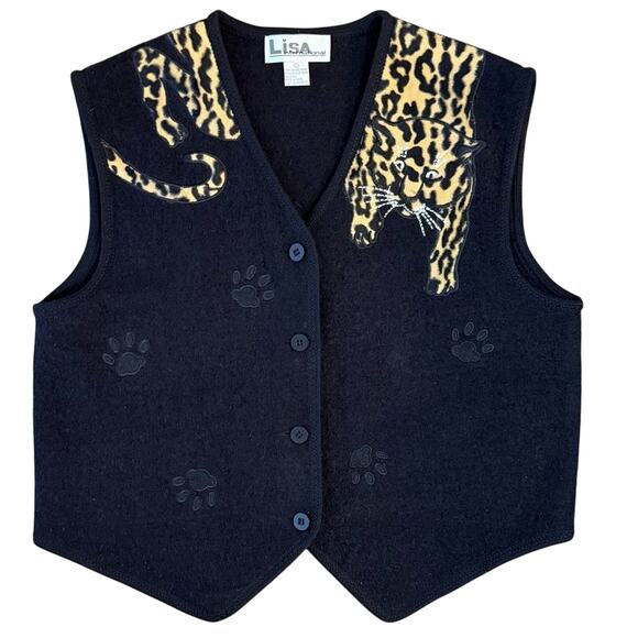 Lisa International Women’s 100% Boiled Wool VTG Leopard Cheetah Paw Vest Size L - Picture 1 of 10